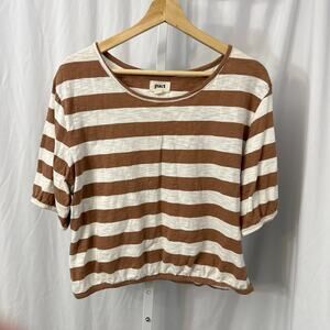 Pact Shirt Womens Medium Striped Puff Sleeve Brown Cream Organic Cotton Tshirt